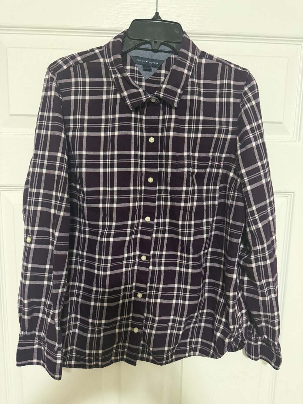 Tommy Hilfiger Women's Purple and White Plaid Long Sleeve Button-Down Shirt